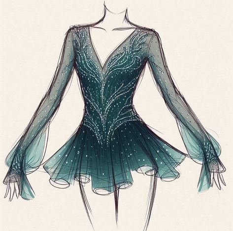 Dark Green Figure Skating Dress, Artistic Skating Dress, Pretty Figure Skating Dresses, Figure Skating Dresses Aesthetic, Figure Skating Dress Sketch, Green Figure Skating Dress, Figure Skating Dresses Beautiful, Figure Skating Outfits Costumes, Jazz Aesthetic Clothing