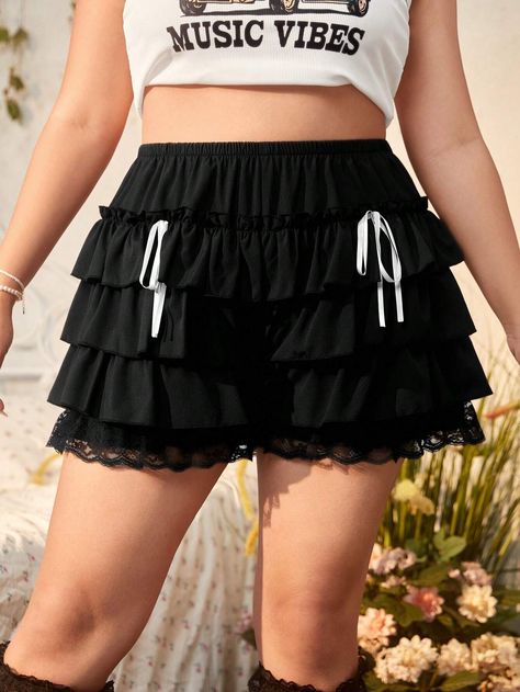 ROMWE Kawaii Plus Bow Front Lace Trim Ruffle Hem Shorts, SchoolI discovered amazing products on SHEIN.com, come check them out! Lace Short Outfits, Frilly Shorts, Ruffled Shorts, Dress Better, Ruffle Shorts, Plus Size Shorts, Lace Ruffle, Black Casual, Amazing Products