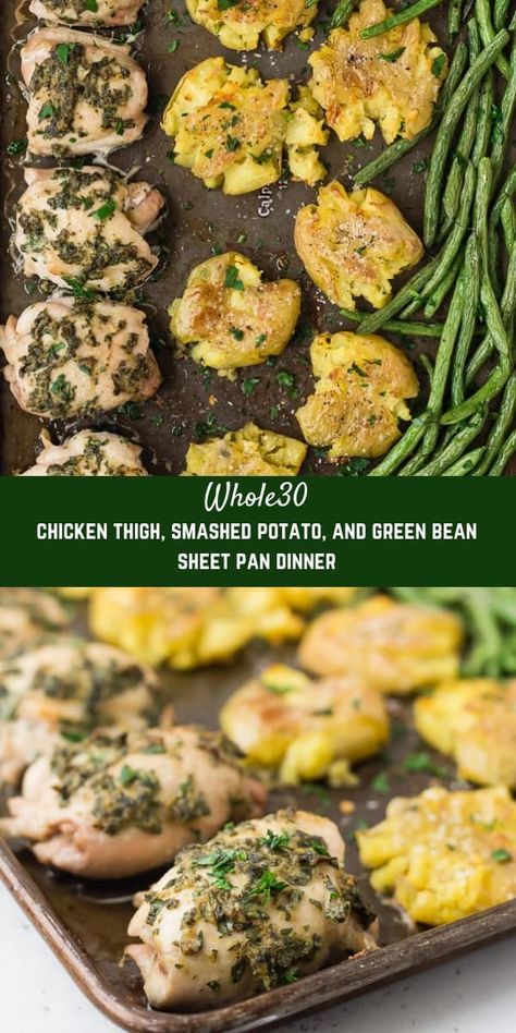 This Whole30 Chicken Thighs sheet pan dinner is an entire flavorful, healthy, and easy to make meal on one single sheet pan! Whole30 or not, make it tonight! Paleo Chicken Sheet Pan Recipes, Easy Whole 30 Family Dinners, Whole 30 Easy Recipes Weeknight Dinners, Easy Whole30 Meals, Whole30 Family Meals, Clean Eating Chicken Thigh Recipes, Whole 30 Cheat Sheet, Whole30 Sheet Pan Dinners, Paleo Sheet Pan Recipes