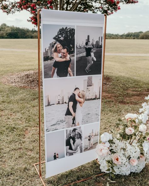 The perfect way to incorporate your engagement photos at your wedding ✨🤌🏼 Large Wedding Photo On Wall, Photos Displayed At Wedding, Wedding Photo Display At Reception, Wedding Canvas Ideas, Photography Display Ideas, Wedding Photo Sign, Wedding Photo Walls, Wedding Drinkware, Wedding Photo Display