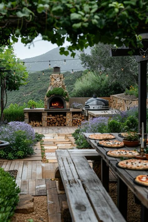 Kitchen Garden Dining Area, Garden With Pizza Oven, Garden Kitchen Pizza Oven, Alfresco Garden Ideas, Outdoor Patio With Pizza Oven, Outdoor Dining Mediterranean, Mediterranean Outdoor Living, Mediterranean Kitchen Garden, Outdoor Stone Oven