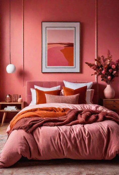 63 Luxurious Pink Bedrooms to Warm Up Your Space 60 Pink Bedroom Palette, Pink Monochromatic Bedroom, Bedroom Ideas Pink And Orange, Pink Desert Bedroom, Pink And Rust Color Palette, Warm Eclectic Bedroom, Pink Bed Bedroom Ideas, Pop Of Color Bedroom Ideas, Sunset Bedroom Ideas