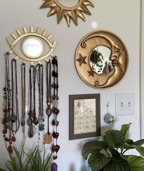 hippie witch room decor eye moon mirror Sun And Moon Mirror Wall Decor, Moon Living Room Decor, Mystic Room Decor, Hippy Wall Decor, Witchcraft Room Decor, Moon And Stars Room Decor, Witch Room Decor Ideas, Witch Aesthetic Room Decor, Whichy Vibes Room