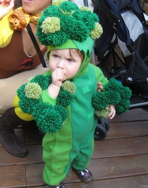 <b>Ever say "that baby looks so cute I could just eat him up?"</b> Well, here are 30 pictures of babies dressed as food. Food Costumes For Kids, Broccoli Costume, Green Fancy Dress, Nutrition Month Costume, Vegetable Costumes, Food Halloween Costumes, Fancy Dress Ideas, Fruit Costumes, Green Costume