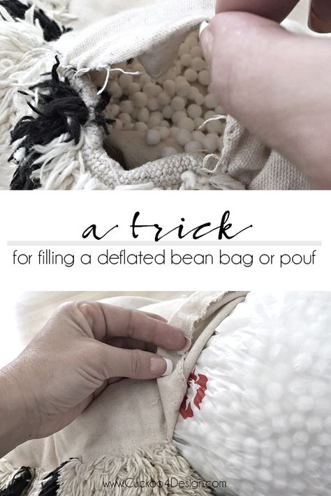 Working with styrofoam stuffing can be really annoying but this trick for re-stuffing a deflated bean bag or pouf makes it much easier. (How to stuff a pouf or bean bag) via @jakonya How To Make Bean Bags Diy, How To Make A Bean Bag, Bean Sofa, Life Simplified, Bean Bag Filler, Bean Bag Pillow, Diy Bean Bag, Modern Bean Bags, Diy Pouf