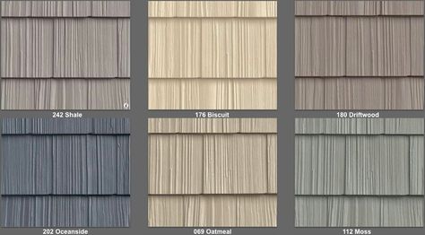 Vinyl siding that looks like wood shakes. Vinyl Shingle Siding, Cedar Vinyl Siding, Vinyl Cedar Shake Siding, Grey Vinyl Siding, Shaker Siding, Vinyl Shake Siding, Vinyl Exterior Siding, Vinyl Siding Colors, Cedar Shake Siding