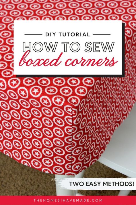 Vertical picture of a boxed corner sewing from red and white fabric Sewing Cushions, School Decor, Simple Sewing, Sewing School, Sewing Tutorials Clothes, Sew Ins, Beginner Sewing Projects Easy, Fabric Boxes, Box Cushion