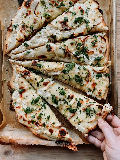 Truffled Potato Pizza with Ricotta and Taleggio - Whip & Wander Pizza With Ricotta, Taleggio Cheese, Reheat Pizza, Potato Pizza, Meat Pizza, Fancy Date, Fancy Date Night, Classic Pizza, Potato Crisps