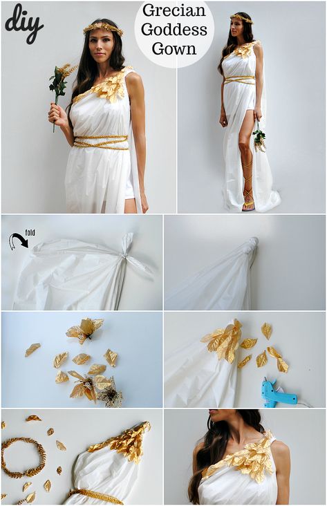 Trash To Couture: A Dollar Tree Halloween Series: Greek Goddess Costume Diy Goddess Costume, Greek Goddess Costume Diy, Goddess Costume Diy, Greek Goddess Outfit, Tree Halloween Costume, Greek God Costume, Diy Fantasia, Toga Costume, Toga Party