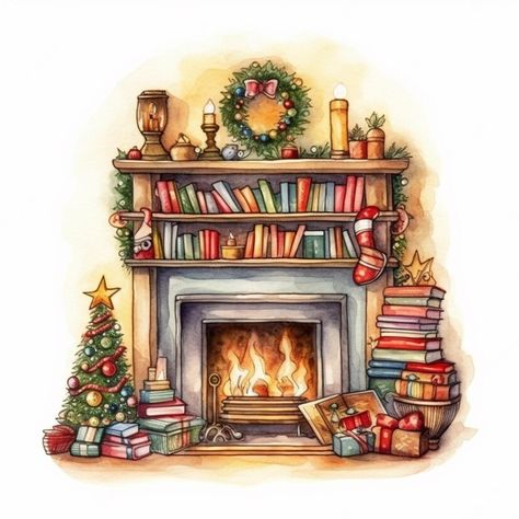 Snowman And Christmas Tree Painting, Christmas Fireplace Drawing, Fireplace With Books, Festive Watercolour, New Year Drawing Ideas, Fireplace Painting, Festive Fireplace, Fireplace Drawing, Winter Drawing