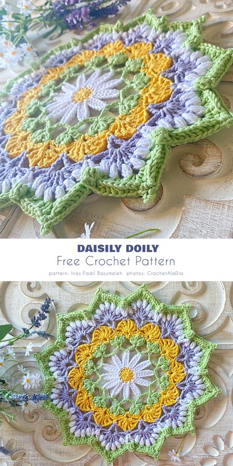 Daisily Doily Old Crochet Doilies Craft, Granny Square Doily, Daisy Doily Crochet Pattern, Crochet Mandala Doily Free Pattern, Mandala Doily Crochet Pattern, Crochet Patterns Dk Yarn, How To Crochet Doilies, Crochet Blanket Projects, Doily Patterns Square