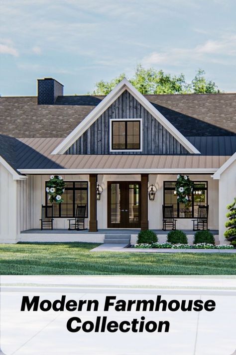 Modern Farmhouse Cream Exterior, Wood Gables Exterior Farmhouse, Metal Roof Bungalow, Modern Farmhouse Entrance Exterior, New Farmhouse Exterior, Midwest Farmhouse Exterior, Farmhouse Coastal Exterior, Gray And White Farmhouse Exterior, Dark Siding Farmhouse