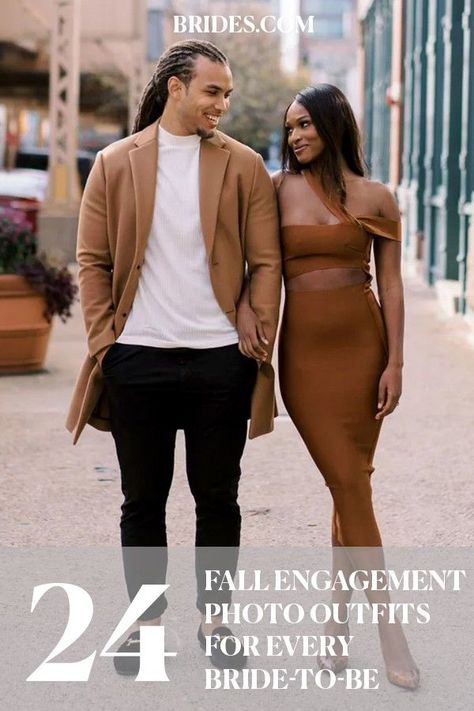 Best Fall Engagement Outfits, Brown Dress Engagement Photos, Sweater Engagement Photos Outfit, Fall Photoshoot Outfits Couples Engagement Pictures, Black Engagement Photos Outfits, Engagement Photos Outfits Black Couple, Pre Wedding Clothes Idea, What To Wear For Engagement Pictures, November Engagement Pictures Outfit