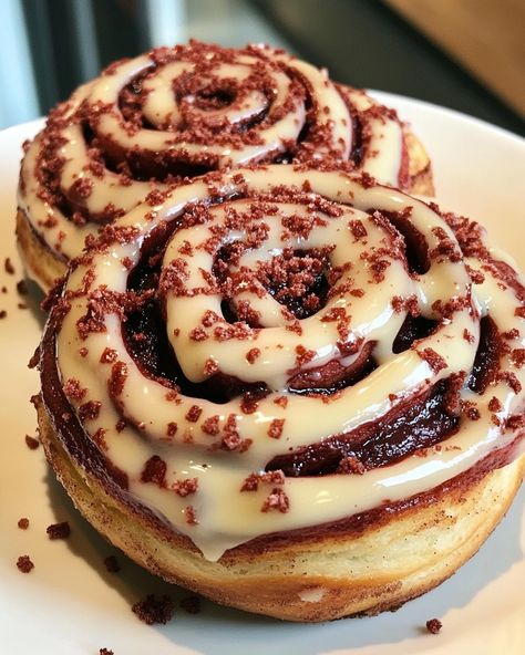 Red Velvet Cinnamon Rolls ❤️🍰 Heavenly Red Velvet Cinnamon Swirls 🍫✨ Don't lose this recipe! Ingredients: 3 cups all-purpose flour 2 tablespoons cocoa powder 1/4 cup granulated sugar 2 1/4 teaspoons active dry yeast 1/4 cup unsalted butter, melted 3/4 cup warm milk 1 large egg 1 teaspoon vanilla extract Red food coloring (as needed) Filling: 1/4 cup unsalted butter, softened 1/2 cup brown sugar 2 tablespoons cinnamon Cream Cheese Frosting: 4 oz cream cheese, softened 1/4 cup unsalted butt... Red Velvet Cinnamon Rolls, Cinnamon Swirls, Cinnamon Red, Cinnamon Cream Cheese, Active Dry Yeast, Fire Food, Cinnamon Cream Cheese Frosting, Red Food Coloring, Recipe Ingredients