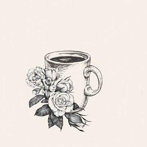 Coffee mug with flowers Coffee And Roses, Coffee Cup Tattoo, Mug With Flowers, Tea Tattoo, Teacup Tattoo, Mug Drawing, Coffee Tattoo, Cup Tattoo, Coffee Tattoos