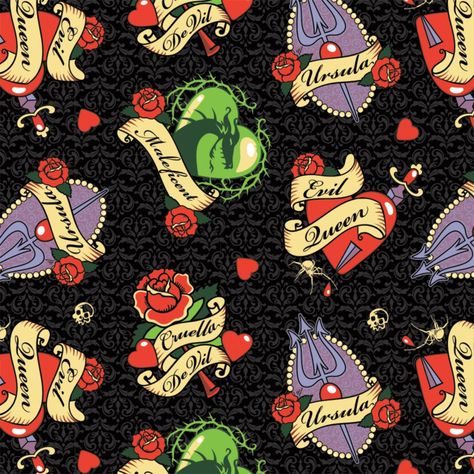 CF-Diabolically Devious Disney Villains 85990203-01 Black - Tattoo Badges Villains Tattoo, All Disney Villains, Disney Quilt, The Evil Queen, Disney Fabric, Pixar Characters, Fairy Charms, Disney Dreams, Harry Potter Gryffindor