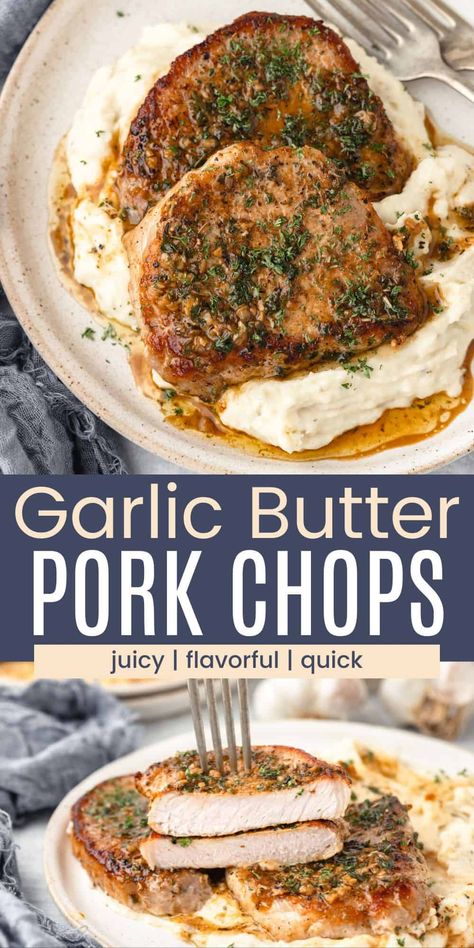 This Garlic Butter Pork Chops recipe tops juicy pork chops with a homemade sauce that's rich and flavorful, but incredibly simple. Searing the pork chops before adding the garlicky butter topping gives them a beautiful brown crust that's fork-tender and mouthwatering. Ranch Style Pork Chops, Center Cut Pork Chop Recipes, Gluten Free Pork Chops, Garlic Butter Pork Chops, Butter Pork Chops, Pork Loin Chops Recipes, Baked Boneless Pork Chops, Easy Gluten Free Dinner, Healthy Pork Chop Recipes