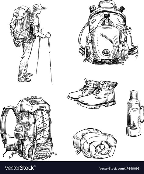 Walking Boots Drawing, Hiking Backpack Drawing, Hiking Drawing Simple, Hike Drawings, Hiking Boots Drawing, Camping Drawing Illustrations, Backpacking Drawing, Backpacker Tattoo, Trekking Tattoo