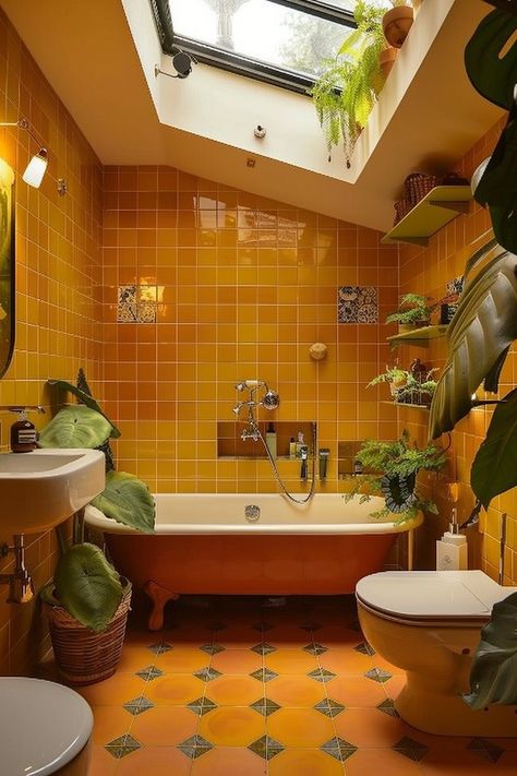 Create a cozy atmosphere in your small bathroom with yellow tiles. Explore creative ways to use yellow tiles, from accent walls to floors, and discover how to pair them with complementary colors for a cohesive look. #CozyBathroom #YellowTiles Colorful Interiors Bathroom, Small Yellow Bathroom Ideas, Retro Orange Bathroom, 50s Inspired Bathroom, Mustard Bathroom Tiles, Funky Modern Bathroom, Bathroom Ideas No Tiles, Alley Bathroom Ideas, Different Tiles In Bathroom