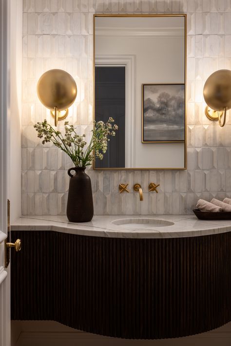 Hallbrook - Transitional - Powder Room - Kansas City - by Nate + Jessica | Trove Homes | Houzz Luxe Powder Room Ideas, Guest Bathroom Transitional, Grass Cloth Powder Room, Lux Powder Room Ideas, Organic Modern Powder Bathroom, Timeless Powder Room, Luxe Powder Room, Transitional Powder Room Ideas, Modern Transitional Bathroom