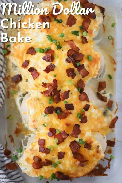 This easy Million Dollar Chicken Bake is juicy, flavorful, and everything but boring. Tenderized chicken breasts are spread with a creamy sauce made from cream cheese, sour cream, shredded cheese, and green onions, baked to perfection, and topped with crispy bacon bits. #thecarefreekitchen #chicken #dinnerideas #milliondollarrecipe #milliondollarchicken #casserole #chickenbreast Baked Chicken And Bacon Recipes, Baked Chicken Cream Cheese, Baked Chicken With Cream Cheese, Baked Cream Cheese Chicken Recipes, Chicken Breast Recipes Cream Cheese, Baked Chicken Breastrecipes Boneless, Chicken With Cream Cheese Recipes, Baked Cream Cheese Chicken, Cream Cheese Chicken Recipes