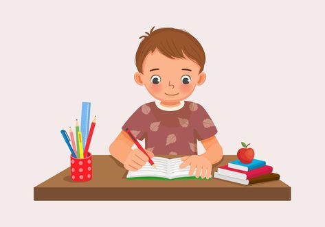 Cute little boy sitting on the desk studying writing on notebook doing his homework at home Homework Clipart, Comparative Adjectives, Feeling Excited, Writing Notebook, Home Study, Do Homework, Children Book, Writing Desk, 8 M