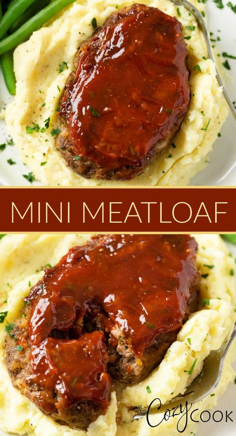 mini meatloaf with a red glaze on top of mashed potatoes Single Serving Meatloaf, Meatloaf Recipes For Two People, Ground Beef Mini Meatloaf, Mini Loaf Pan Dinner Recipes, Bbq Mini Meatloaf, Meatloaf Mini Loaves, Best Mini Meatloaf Recipes, Personal Meatloaf Recipe, Meatloaf For Two People