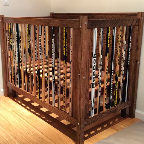 A crib i built out of hockey sticks and oak...                                                                                                                                                                                 More Hockey Stick Furniture, Hockey Nursery, Cool Baby Boy, Sports Room Boys, Hockey Room, Hockey Decor, Baby Boy Room, Sport Decor, Nursery Rooms