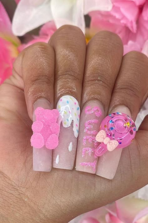 Try the Candy Nail-Art Trend Before Summer Ends Candy Charms Nails, Candyland Theme Nails, Candy Nails Designs 3d, Pink Candy Nails, Candy Theme Nails, Candy Themed Nails, Candy Acrylic Nails, Candy Nails Acrylic, Candy Land Nails