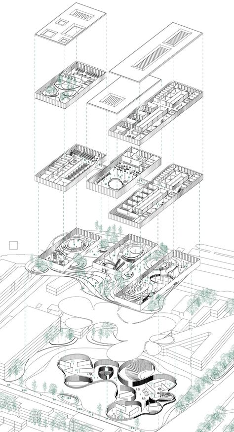 Between Berlin Natural Science Museum Plan Concept Architecture, Exploded Axonometric, Natural Science Museum, Collage Architecture, Axonometric Drawing, Henning Larsen, Pavilion Architecture, Architecture Panel, Architecture Presentation Board