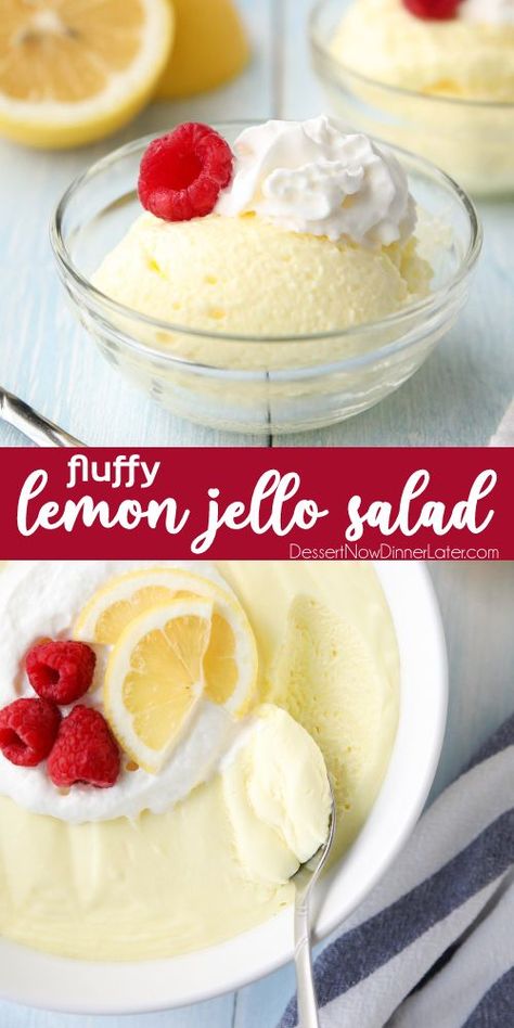 Lemon Jello Salad (aka Lemon Fluff Dessert) is light, smooth and velvety. It melts in your mouth like mousse. This tangy dessert can be molded, sliced into squares, or spooned into cups. Serve it with whipped cream and raspberries for an extra special side dish. Perfect for barbecues, potlucks, and parties. Lemon Fluff Salad, Easter Jello Recipes, Jello Recipes With Fruit, Easter Jello Salad, Fluff Jello Salad Recipe, Lemon Fluff Dessert, Lemon Jello Salad, Pudding Salads, Pretzel Salads