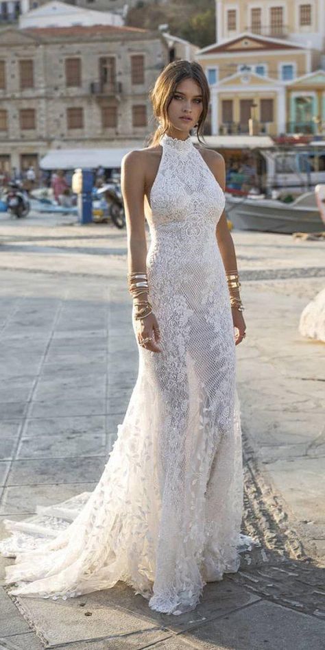 Trendy Wedding Dresses For Contemporary Bride ★ #bridalgown #weddingdress Halter Wedding Dresses, Wedding Dress Halter Neck, Beach Bridal Dresses, Halter Wedding, Halter Wedding Dress, White Bridal Dresses, High Neck Wedding Dress, Wedding Dress Guide, Belle Silhouette