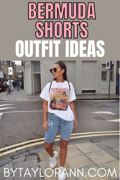 are you wondering how to style bermuda shorts? this article gives all the outfit inspo you need! Bermuda Shorts Outfit 2023, Womens Bermuda Shorts Outfits, Jean Bermuda Shorts Outfit, Bermuda Shorts Outfit Summer, Bermuda Shorts Outfit Street Styles, Denim Bermuda Shorts Outfit, How To Wear Bermuda Shorts, How To Style Bermuda Shorts, Bermuda Shorts Outfits