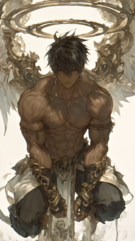 Fantasy Poses Male, Biblically Accurate Angel Character, Tan Skin Character Design, Angel Male Art, Warrior Drawing Male, Fallen Aasimar Dnd, Anime Warrior Men, Fighter Oc Male, Fighter Character Design Male