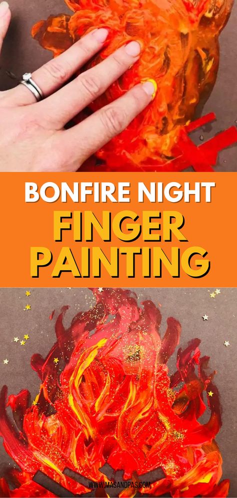 Create beautiful Bonfire Finger Paintings with your kids this season! Let their creativity blaze as they use their fingers to paint vibrant flames against the night sky. A perfect autumn art activity that sparks imagination and family fun. #BonfireArt #KidsCrafts #AutumnActivities Fire Eyfs Activities, Campfire Activities For Preschool, Bonfire Activities Eyfs, Bonfire Activities For Kids, Bonfire Arts And Crafts, Bonfire Night Crafts For Toddlers, Bonfire Night Activities For Toddlers, Bonfire Night Crafts For Kids, Bonfire Night Outdoor Activities Eyfs