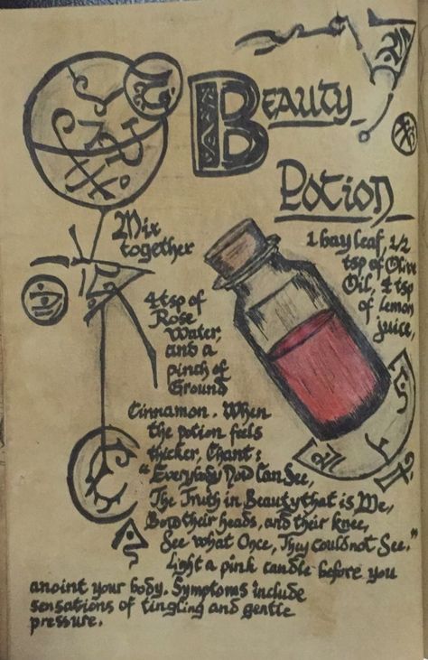 Book of Shadows; Beauty Potion Fake Witch Spells, Fake Spell Book, Beauty Potions Witchcraft, Free Ouija Board Printable, Witchcraft Potions, Beauty Potion, Potion Book, Potions Book, Potions Recipes