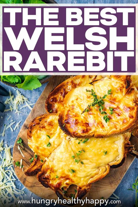 This traditional Welsh Rarebit (also know as Welsh Rabbit) is total easy comfort food and just what you need on a cold day. A thick slice of bread topped with a cheesy egg mix with a few special ingredients - you probably already have everything you need to make this. It's cheese on toast that has been seriously upgraded. Welsh Rabbit, Cheese On Toast, Welsh Rarebit, Welsh Recipes, Uk Recipes, Cheese Dishes, Vegetarian Lunch, Easy Comfort Food, On Toast