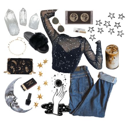 Lunarpunk Outfit, Cosmic Witch Aesthetic Outfit, Planetarium Outfit Ideas, Cosmicore Outfits, Witch Outfit Casual, Astronomy Outfit Aesthetic, Cosmic Core Aesthetic Outfits, Witch Vibes Aesthetic Outfit, Space Witch Outfit