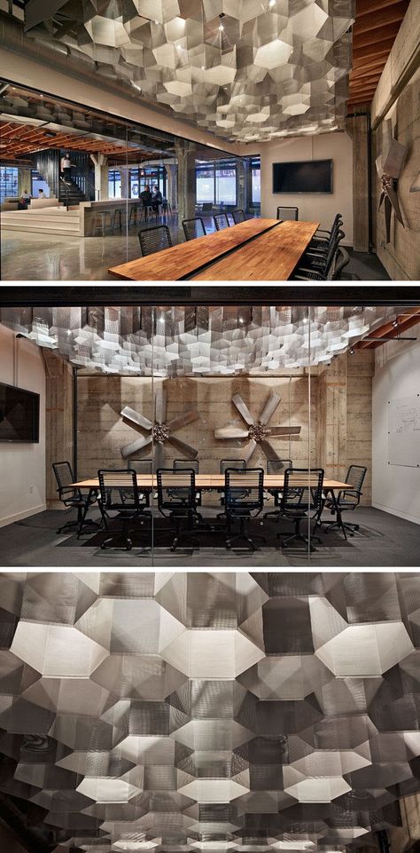 19 Ideas For Using Hexagons In Interior Design And Architecture // Metal hexagon-shaped lights have been used as an artistic feature in this meeting room. Office Reception Seating, Lobby Seating, Corporate Office Design, Seating Ideas, Office Seating, Modular Homes, Office Interior Design, Commercial Design, House Layouts