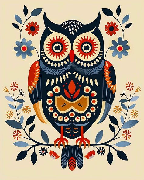 Folk Art Coloring Pages, Cute Owl Art, Folklore Illustration, Folk Art Animals, Folk Art Birds, Nordic Folk Art, Art Deco Artwork, Modern Folk Art, Learn Watercolor Painting