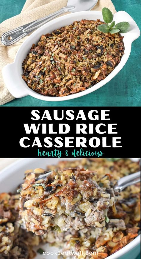 This sausage wild rice casserole works perfectly as a side dish or a standalone meal. It is packed with flavorful and budget-friendly ingredients including pork sausage, a wild and long grain rice mix, mushrooms, almonds, and cream of mushroom soup. Meals With Wild Rice, Wild Rice And Beef Recipes, Wild Rice Dinner Recipes, Wild Rice Sausage Casserole, Hamburger Wild Rice Casserole, Wild Rice Casserole Recipes, Wild Rice Recipes Side Dishes, Sausage Wild Rice, Wild Rice And Mushrooms