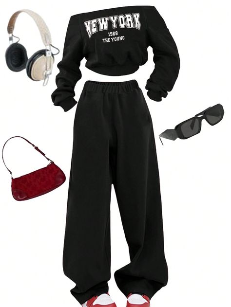 2pcs/Set Teenage Girls Casual Off-Shoulder Sweatshirt And Sweatpants Set Black     Letter  Slight Stretch  Teen Girls Clothing, size features are:Bust: ,Length: ,Sleeve Length: Tomboy Shein Outfits, Stuff To Get On Amazon For Teens, Jimin Inspired Outfits, Cute Airport Fits, Fit Inspo Baggy Clothes, Random Stuff To Buy, Baddie Winter Fits, Black And White Clothes, Cute Fits For School