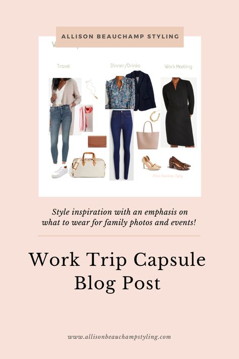 What to wear (and pack) for a work trip! This blog post and shoppable style board is full or inspiration to be ready for a work trip or event. From a travel look, dinner/drinks outfit and the work meeting itself, look and feel your best! 4 Day Work Trip Outfits, 3 Day Work Trip Outfits, 3 Day Business Trip Outfits, Business Trip Outfits For Women, Work Trip Outfits, Dinner And Drinks Outfit, Inspiration For Work, Work Travel Outfit, Day Trip Outfit