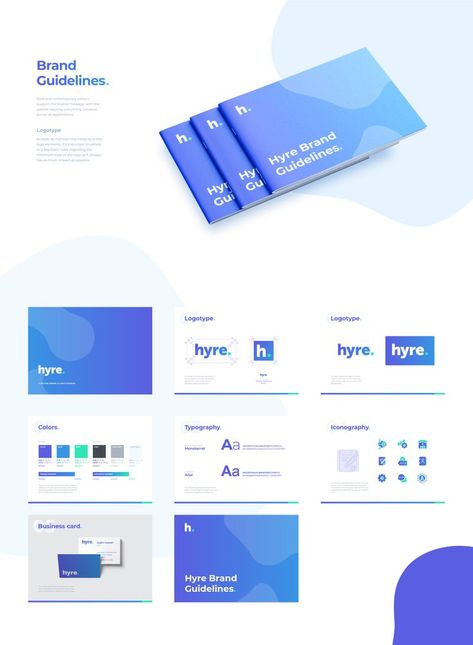 BRanding guidelines for Hyre, showing logo design usage guidelines, color palette, typography guidelines, icon pack design and business cards. Brand Identity Elements, Color Style Guide, Service Guide Design, Brand Guidelines Color Palette, Brand Graphic Elements, Ui Ux Color Palette, Brand Identity Design Style Guides, Ux Color Palette, Modern Color Palette Branding