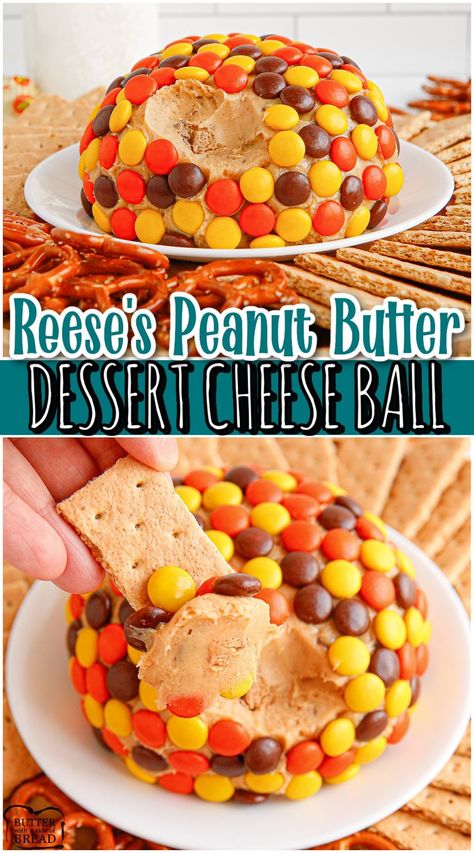 Reese's Dessert Cheese Ball perfect for parties & delicious served with pretzels, apples, graham crackers & Nilla Wafers! Festive peanut butter cheese ball topped with Reese's Pieces everyone loves! Best Cheese Ball Ever, Reese Cheese Ball, Peanut Butter Appetizer Recipes, Reese Peanut Butter Dip, Reeses Cheese Ball, Thanksgiving Pretzel Treats, Reeses Pieces Dip, Reeses Dip, Peanut Butter Cheese Ball Recipe