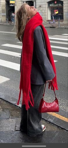 Big Red Scarf, Fall Wardrobe Aesthetic, Outfit With Red Scarf, Scarf Outfits Aesthetic, Red Scarf Outfit Aesthetic, Winter Outfit Inspo Cold, Red Scarf Outfit Winter, Red Scarf Aesthetic, Pop Of Red Outfit