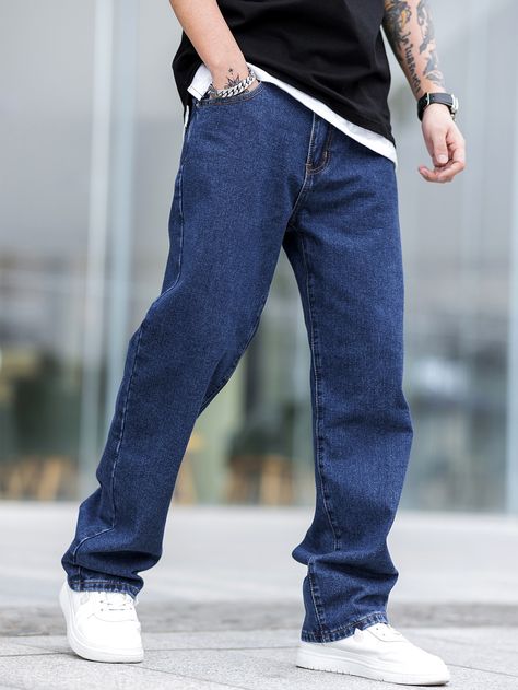 Dark Wash    Denim Plain Straight Leg Embellished Non-Stretch  Men Denim Mens Outfits Blue Jeans, Dark Wash Jeans Men, Dark Blue Jeans Outfit Men Street Style, Denim Jeans Men Outfit, Dark Jeans Outfit Men, How To Style Dark Blue Jeans, Dark Blue Denim Jeans Outfit, Dark Blue Jeans Outfit Men, Mens Jeans Outfit