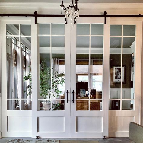 Large French Doors Interior, Glass Divider Wall Living Rooms French Doors, Glass Doors Between Rooms, Doors To Separate Living Room, Adding Doors To Dining Room, Double Door Living Room, Double Doors Into Living Room, Doors For Large Opening, Double Doors Living Room