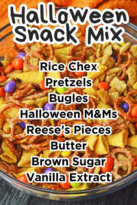 Halloween Snack Mix Recipe here:... - Crayons & Cravings Fall Chex Mix Recipes, Halloween Chex Mix Recipes, Sweet Chex Mix, Fall Snack Mixes, Snack Mix Recipe, Halloween Snack Mix, Chex Mix Recipe, Easy Halloween Snacks, Trail Mix Recipes