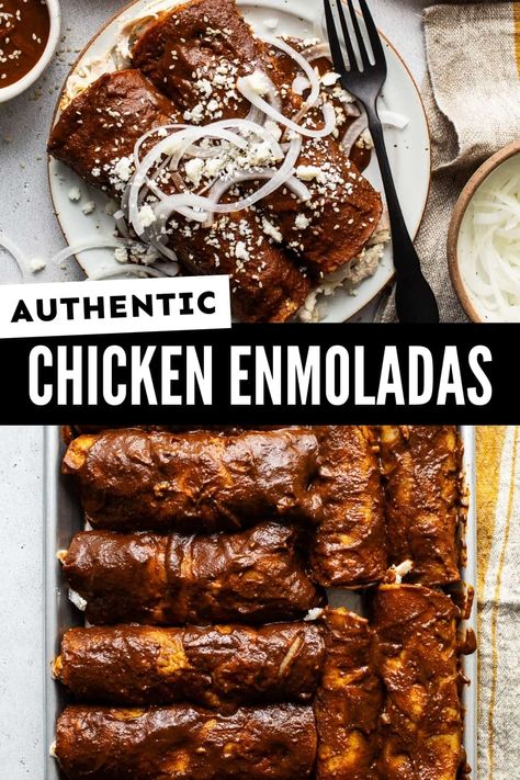 Enmoladas (chicken mole enchiladas) are enchiladas stuffed with shredded chicken, onion, and queso fresco and topped with a rich and flavorful mole sauce. This quick and easy version uses store-bought mole paste and is ready in 35 minutes! Chicken Mole Enchiladas Dona Maria, Mole Enchiladas Recipe, Chicken Mole Enchiladas, Mole Chicken, Mole Enchiladas, Chicken Mole Recipe, Mole Recipe, Chicken Mole, Mexican Spanish